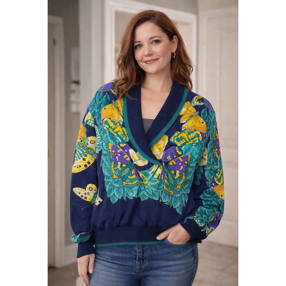 GDT Too Pullover Jacket Top Womens Medium Multi‎ Butterfly Print Double Breasted